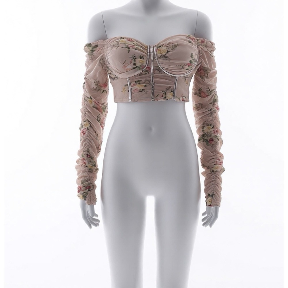Windsor Pink Floral ruched Sleeve Crop corset styled Top. Fairycore. Coquette